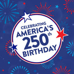 Graphic circular emblem reading Celebrating America's 250th Birthday with fireworks on a blue background