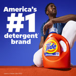 Promotional image of a person posed behind a Tide Original bottle with bold text saying “America’s #1 detergent brand”