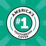 Bold circular badge reading "America's #1 toothbrush cover" on a teal radiating background