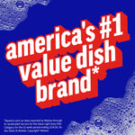 Bold blue and red graphic proclaiming "america's #1 value dish brand" with decorative soap bubbles