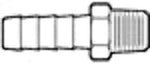Low-resolution grayscale sketch of a hose barb with hex section and male threaded end