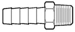 Line-drawn profile of an Anderson Metals hose barb with hex nut and male threads