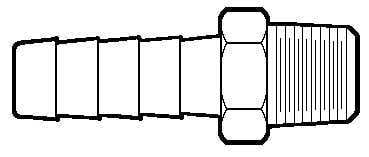 Line-drawn profile of an Anderson Metals hose barb with hex nut and male threads