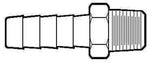 Black-and-white technical line illustration of an Anderson Metals threaded hose barb fitting