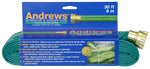 Andrews branded green sprinkler and soaker hose in retail packaging with text and hose fittings visible