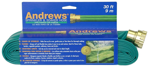 Andrews branded green sprinkler and soaker hose in retail packaging with text and hose fittings visible