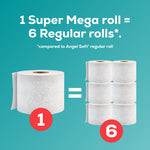 Infographic showing one large toilet paper roll equaling six regular rolls with numeric callouts on teal background.