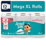 Packaged Angel Soft Mega XL toilet paper 12-roll pack with teal branding and baby mascot on front