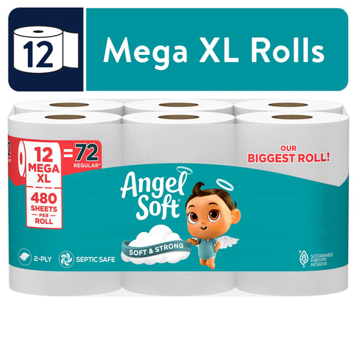 Packaged Angel Soft Mega XL toilet paper 12-roll pack with teal branding and baby mascot on front