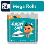 Angel Soft mega rolls package with teal branding, 24 mega icons and baby angel mascot visible on front