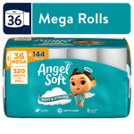 Wrapped teal Angel Soft toilet paper pack showing mascot, 'Mega Rolls' label and callouts for 36 mega rolls and 320 sheets