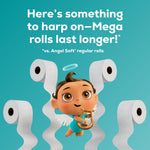 Angel Soft ad: cartoon baby angel with halo and harp surrounded by floating toilet paper rolls on teal background