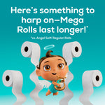 Promotional Angel Soft artwork with baby angel mascot surrounded by flowing toilet paper and message about mega rolls