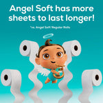 Angel Soft baby mascot surrounded by flowing toilet paper rolls with headline 'Angel Soft has more sheets to last longer!'