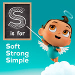 Angel Soft baby character pointing to chalkboard 'S is for' with copy 'Soft Strong Simple' on teal background