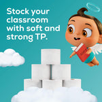 Stacked toilet paper rolls with Angel Soft baby angel mascot and text promoting classroom use on teal background.