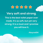Customer review graphic with five stars and quote praising softness and strength against a teal background