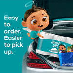 Angel Soft mascot holding a pack of toilet paper being placed into a car trunk next to a Walmart bag