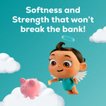 Angel Soft baby mascot with a piggy bank on clouds and headline about softness and strength on teal background