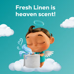 Illustration of Angel Soft mascot smelling a scented toilet paper roll on a cloud background
