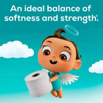 Angel Soft mascot holding a toilet paper roll against a teal sky background with text 'An ideal balance of softness and strength.'