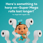 Angel Soft mascot surrounded by toilet paper rolls and text claiming Super Mega rolls last longer on teal background