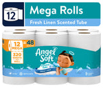 Packaged Angel Soft mega roll bundle with teal branded label and angel mascot