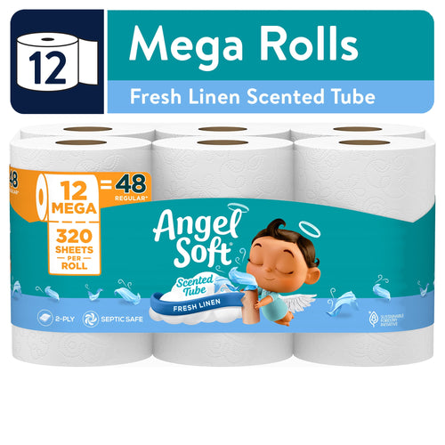 Packaged Angel Soft mega roll bundle with teal branded label and angel mascot
