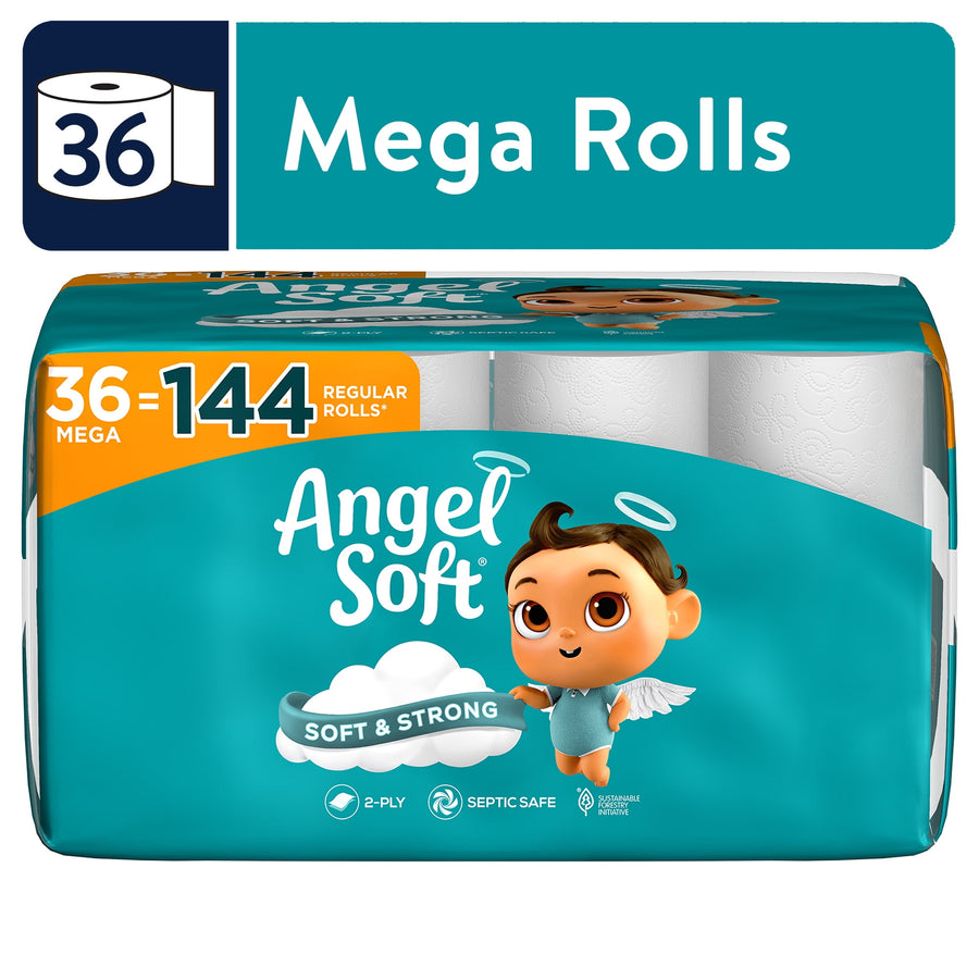 Packaged Angel Soft toilet paper mega roll pack with teal branding, baby mascot and '36 = 144' callout