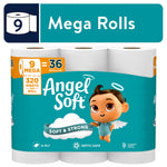 Packaged Angel Soft mega toilet paper showing three white rolls, brand logo and baby angel mascot on teal wrap