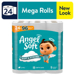 Packaged Angel Soft mega rolls with teal branding, baby angel mascot and 'Soft & Strong' label