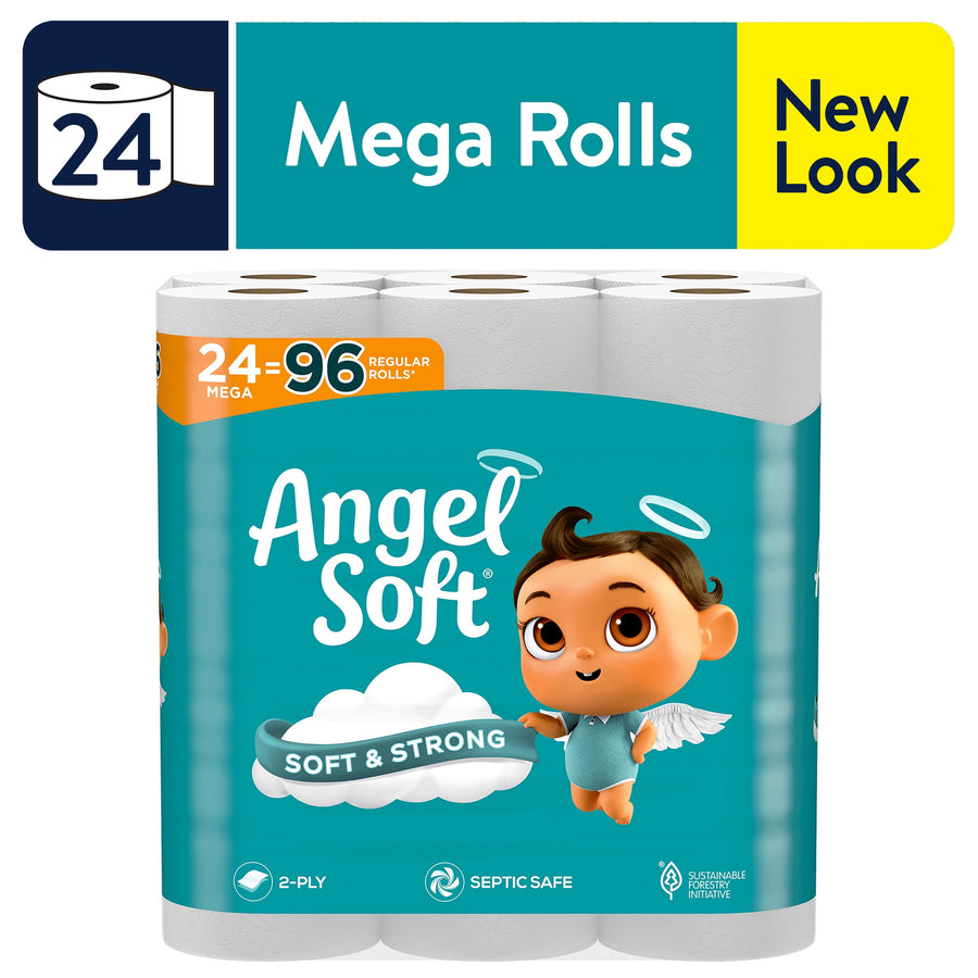 Packaged Angel Soft mega rolls with teal branding, baby angel mascot and 'Soft & Strong' label