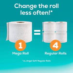 Graphic comparing one Angel Soft mega roll to four regular rolls with teal background and bold white text 'Change the roll less often!'