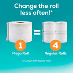 Graphic comparing one Angel Soft mega roll to four regular rolls with large text 'Change the roll less often'