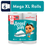 Packaged Angel Soft Mega XL rolls with teal branding and baby angel mascot on white background.