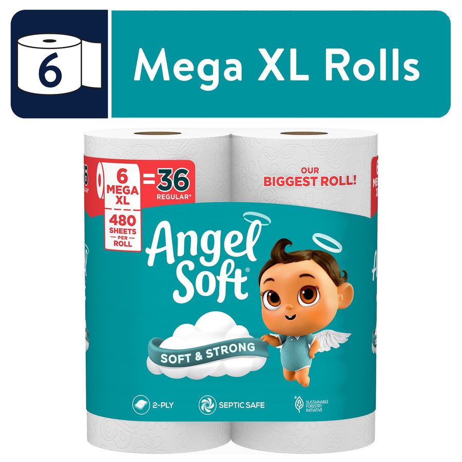 Packaged Angel Soft Mega XL rolls with teal branding and baby angel mascot on white background.