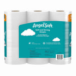 Rear view of Angel Soft multi-pack showing teal product label with cloud icon, product claims and visible stacked white toilet paper rolls.