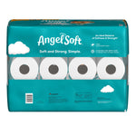 Back view of Angel Soft packaged toilet paper showing four visible roll ends through clear window and teal branding