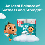 Angel Soft packaged Mega XL rolls shown with twin baby angel mascots above clouds and headline about softness and strength.