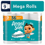 Packaged Angel Soft toilet paper with teal branding, baby angel mascot and 'Mega Rolls' callout on front of package.
