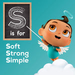 Angel Soft baby mascot pointing to a chalkboard letter S with slogan 'Soft Strong Simple' on teal background