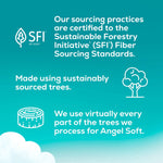 Informational panel stating Angel Soft sourcing certified to Sustainable Forestry Initiative with icons and text
