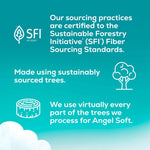 Teal infographic panel stating SFI certification and sustainable fiber sourcing for Angel Soft