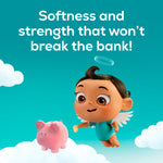Promotional text 'Softness and strength that won't break the bank' with Angel Soft baby mascot and piggy bank illustration