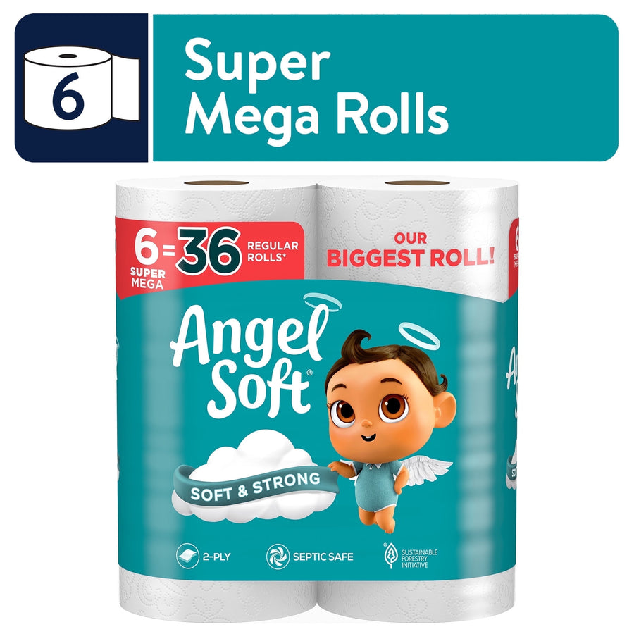 Angel Soft teal toilet paper package showing baby angel mascot, ‘Soft & Strong’ badge and ‘Super Mega Rolls’ label
