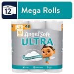 Packaged Angel Soft Ultra toilet paper 12 mega rolls pack with brand logo and mascot on teal-gray background.
