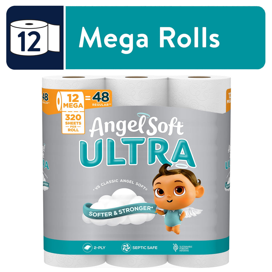Packaged Angel Soft Ultra toilet paper 12 mega rolls pack with brand logo and mascot on teal-gray background.