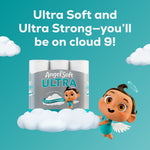 Angel Soft Ultra package and flying angel mascot above clouds with headline about being 'Ultra Soft and Ultra Strong'.