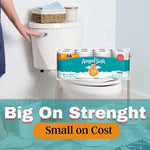 Angel Soft pack sitting on a closed toilet lid in a bathroom with bold promotional text overlay