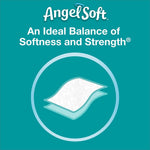 AngelSoft branded graphic stating an ideal balance of softness and strength with a stylized sheet icon